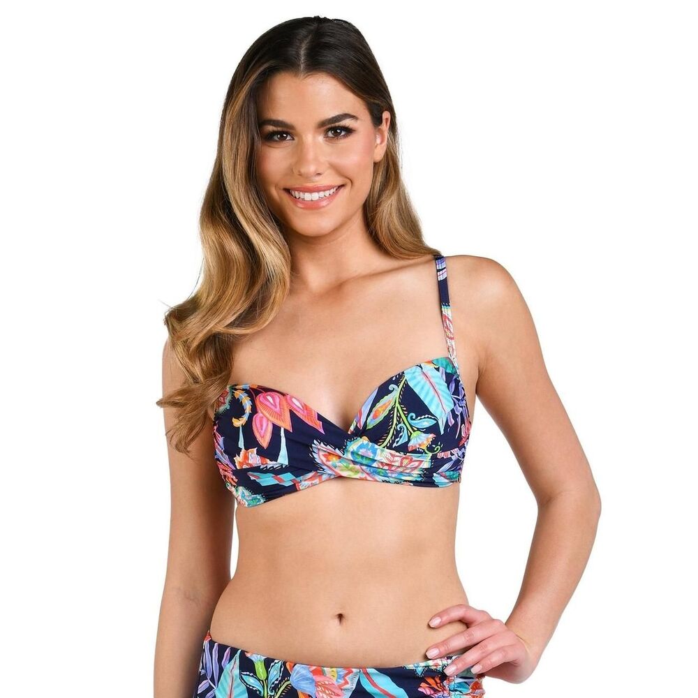 New La Blanca Tropidelic Paisley Twist Front Bikini Top Navy Multi Size 12